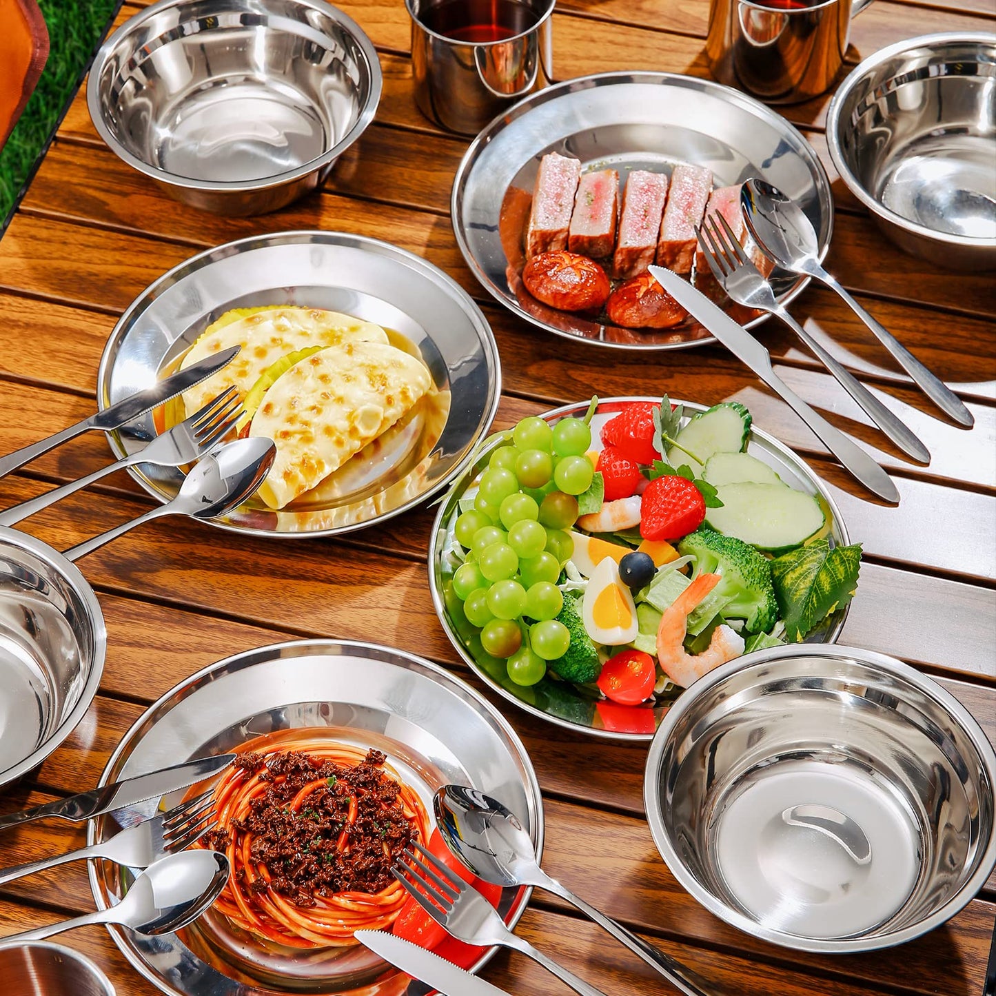 Odoland 29pcs Stainless Steel Utensils Camping Mess Kits with Bowls Plates Cups Forks Spoons and Knives for 4, Camping Cutlery Set for Backpacking, Outdoor Hiking and Picnic