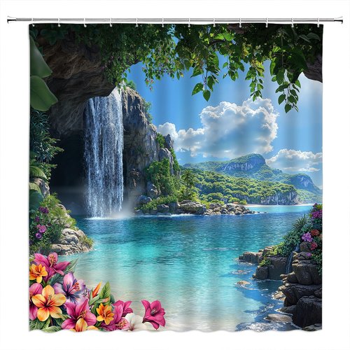 AEMBEE Tropical Ocean Shower Curtain Blue Sea Leaves Floral Hawaii Nature Scenery Landscape Spring Summer Fabric Decorative Bathroom Curtains with Hooks,Blue Green