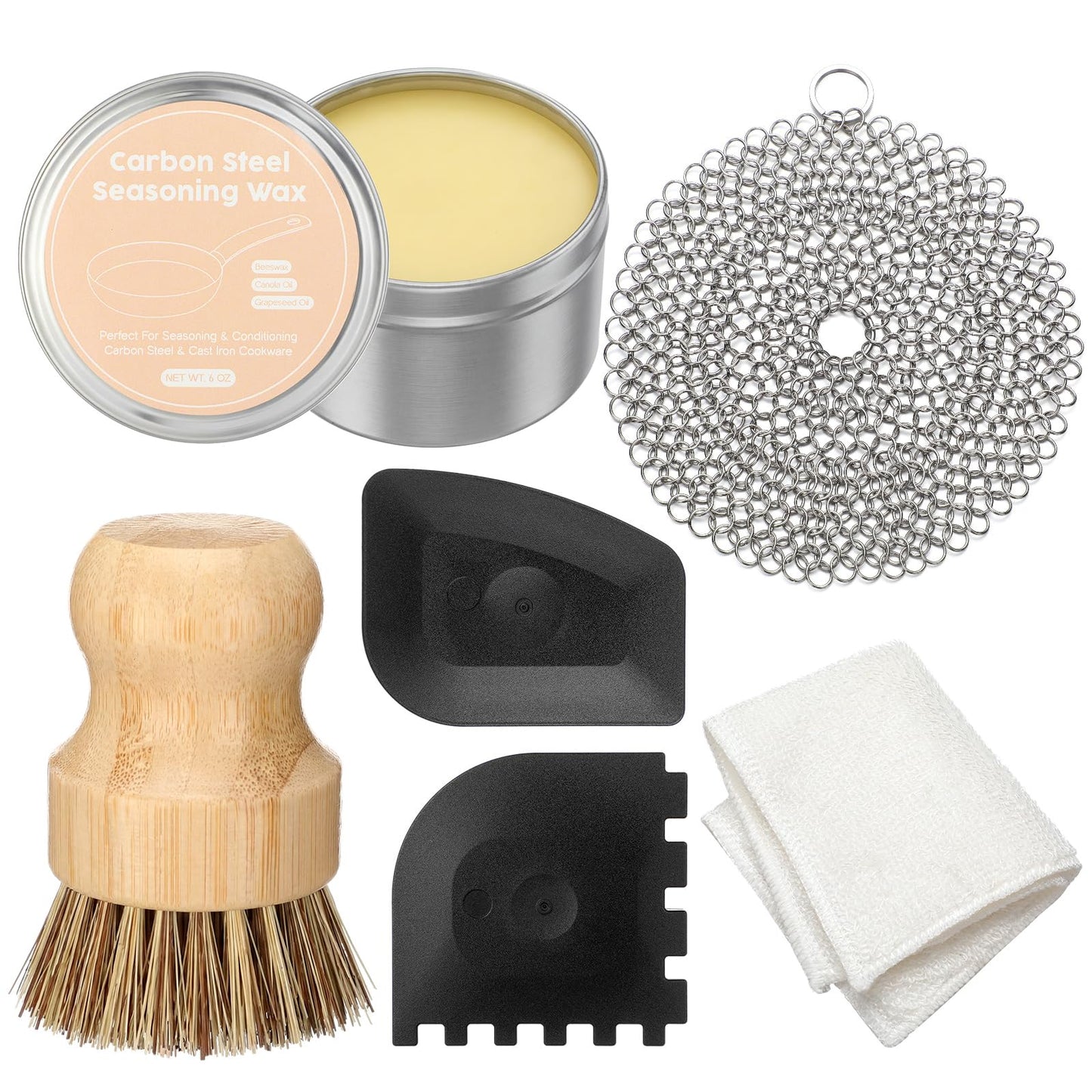 ElaraBerry 6 Pcs Cast Iron Cleaning Kit Includes Cast Iron Seasoning Wax, Chain Mail Scrubber, Cleaning Brush, Scrapers and Dish Towel Carbon Steel Care Set for Pan Grill Kitchen Supplies