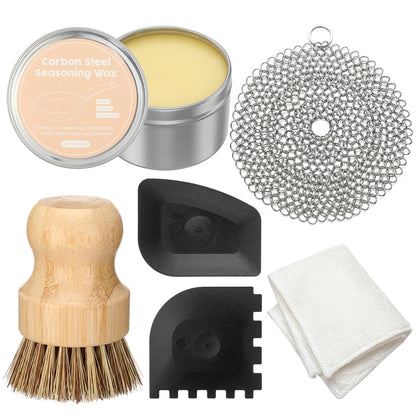 ElaraBerry 6 Pcs Cast Iron Cleaning Kit Includes Cast Iron Seasoning Wax, Chain Mail Scrubber, Cleaning Brush, Scrapers and Dish Towel Carbon Steel Care Set for Pan Grill Kitchen Supplies