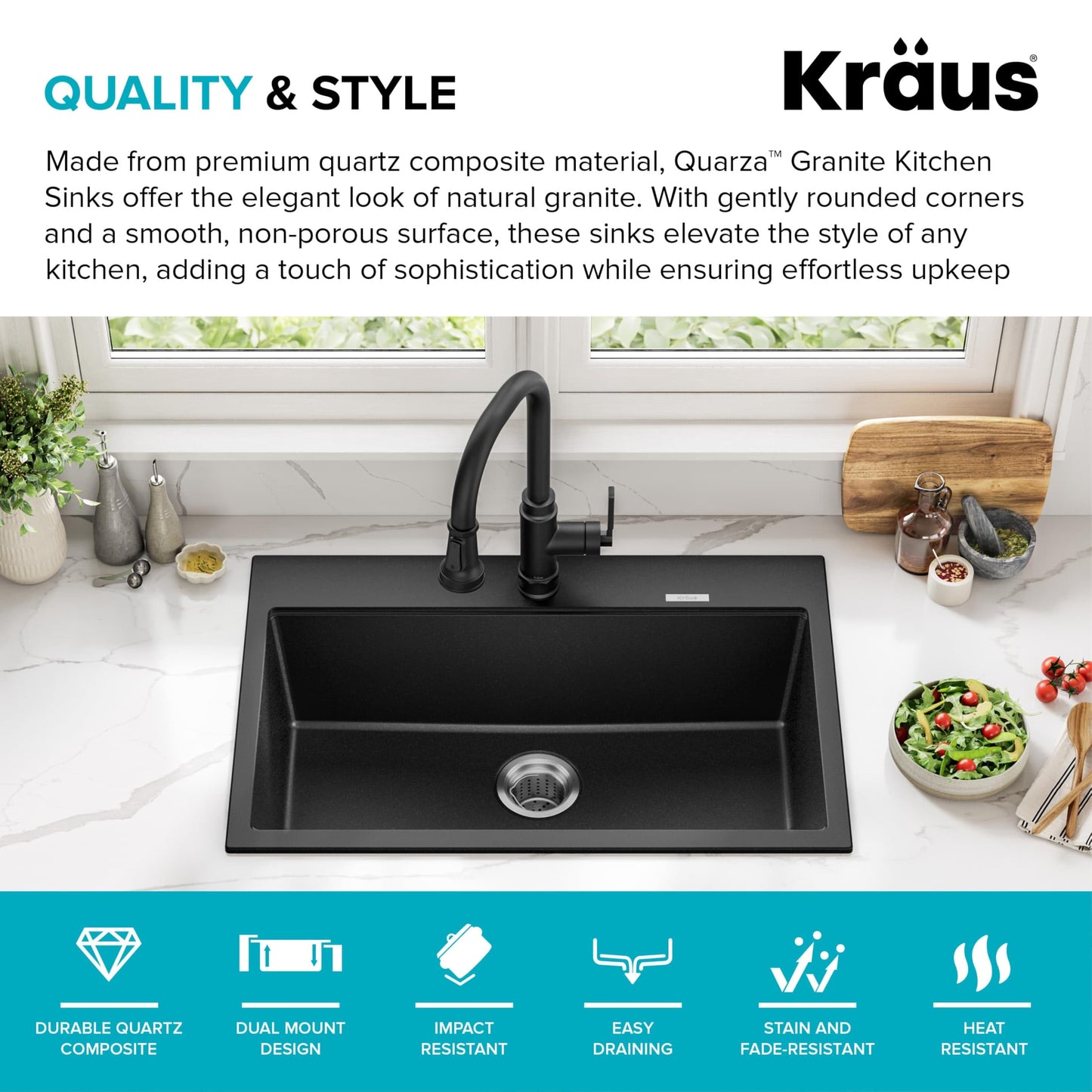 KRAUS Quarza 31-inch Drop-In/Undermount Single Bowl Granite Kitchen Sink in Black Onyx, KGD-412B