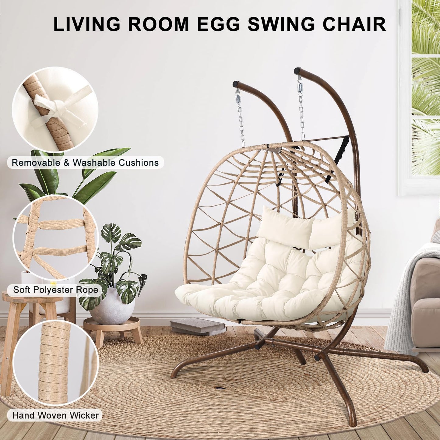 NOBLEMOOD Outdoor Egg Swing Chair with Stand, 2 Person Patio Swing Chairs with Thick Cushions and Pillows, Wicker Double Egg Chair Swing for Indoor Bedroom