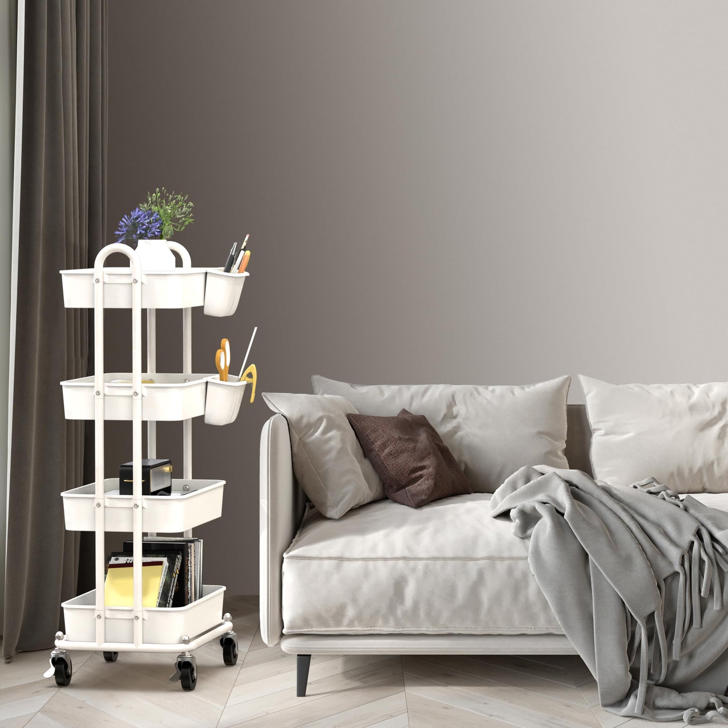Simple Houseware 4-Tier Multifunctional Rolling Utility Cart with Hanging Buckets, White