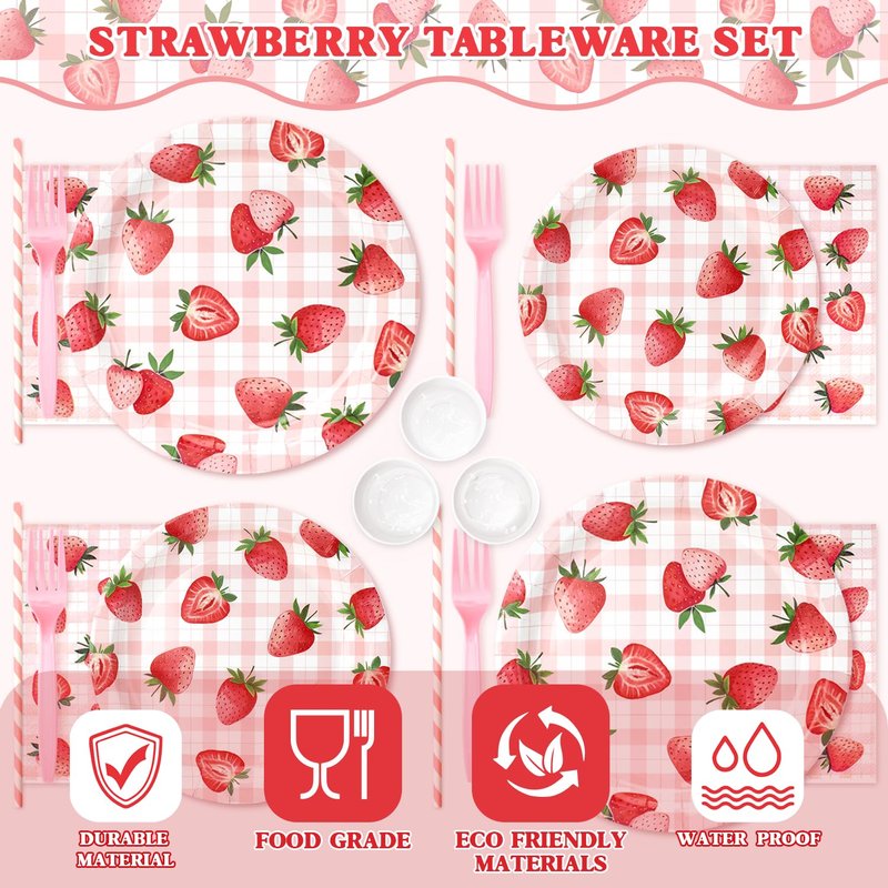 144 Pcs Strawberry Plates and Napkins Tableware Set, Plates Napkins Cups Straws and Forks Sets, Strawberry Party Birthday Supplies, Shortcake Birthday Decorations, Serves 24 Guests
