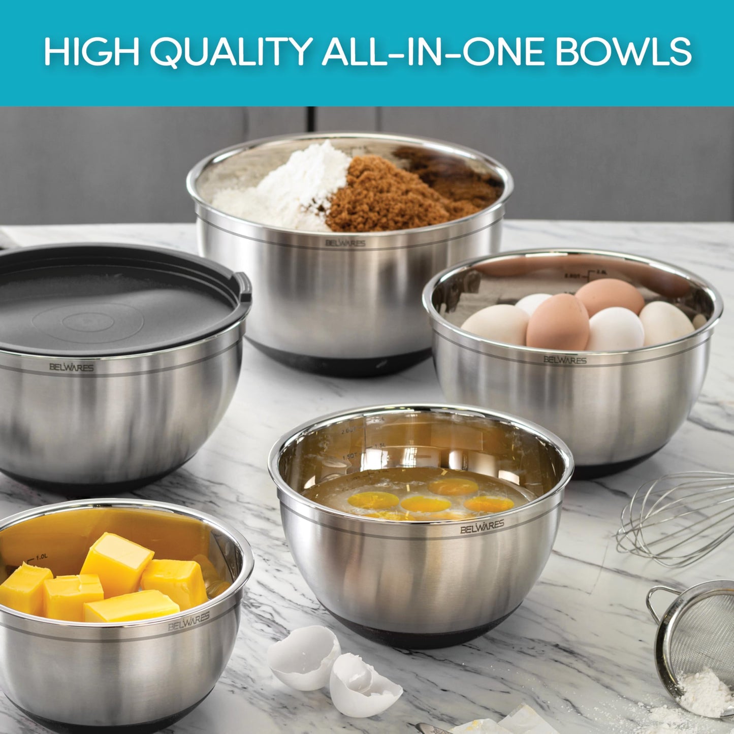 Belwares Mixing Bowls with Lids Set of 5 - Stainless Steel Mixing Bowl Set, Kitchen Nesting Metal Bowls with Non Slip Bottoms + 3 Grater Attachments, Airtight Lids, Food Prep + Storage, Matte Black