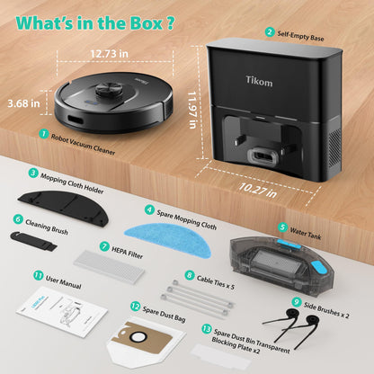 Tikom Robot Vacuum and Mop, 6000Pa Robotic Vacuum Cleaner with Self-Emptying Base, 90 Days Capacity, LiDAR Navigation, Home Mapping, Ideal for Pet Hair, Hard Floors, Carpet (L8000 Plus)