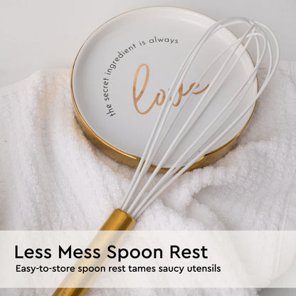 White Utensil Holder with Built-In Ceramic Spoon Rest - 2-Piece Luxe White and Gold Spatula Holder with Gold Spoon Rest for Countertop Organization - Stylish Kitchen Accessory, Utensils Not Included