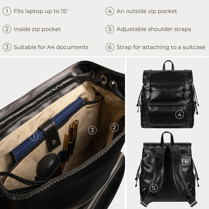 Time Resistance Leather Backpack - Full Grain Real Leather Travel Bag and Carry-On Rucksack (Black)