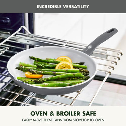 GreenPan Dover 8” 10” and 12” 3 Piece Frying Pan Skillet Set, Non-Toxic PFAS-Free Ceramic Nonstick Coating, Sear Saute Fry Egg Omlete, Dishwasher & Oven Safe, Stay Cool Handle, Easy Pour Rims, Gray