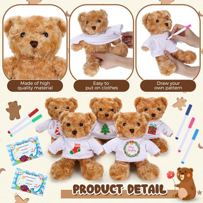 Blueweenly 20 Pcs 5 Set Graduation Make Your Own Stuffed Animal Teddy Bear Kit Including 5 9.84 Inches Velvet Animal with T Shirts and Markers for Graduates DIY Craft Gift(Brown,Bear)