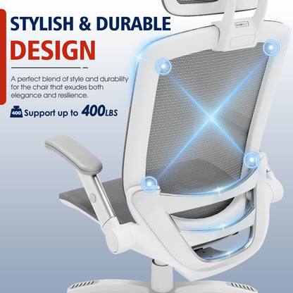 GABRYLLY Ergonomic Office Chair, High Back Home Desk Chair with Headrest, Flip-Up Arms, 90-120° Tilt Lock and Wide Cushion, 300LBS Mesh Chairs for Man Woman, White Task Chair(Dark Grey,GY01WDG)