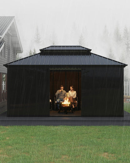 12x16ft Heavy Duty Outdoor Pavilion with Metal Frame, Permanent Solarium Sunroom Kit with PC Windows, Fully Sealed Screen Houses for Backyard, for Patio Winter Garden