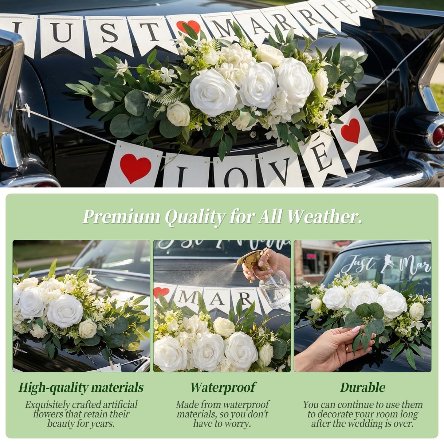 Just Married Car Wedding Decorations Kit with Artificial Flower Floral Swag / Just Married Love Sign Banner and Car Bouquet & Window Decals, Wedding Car Accessories for Bridal Shower Honeymoon Decor