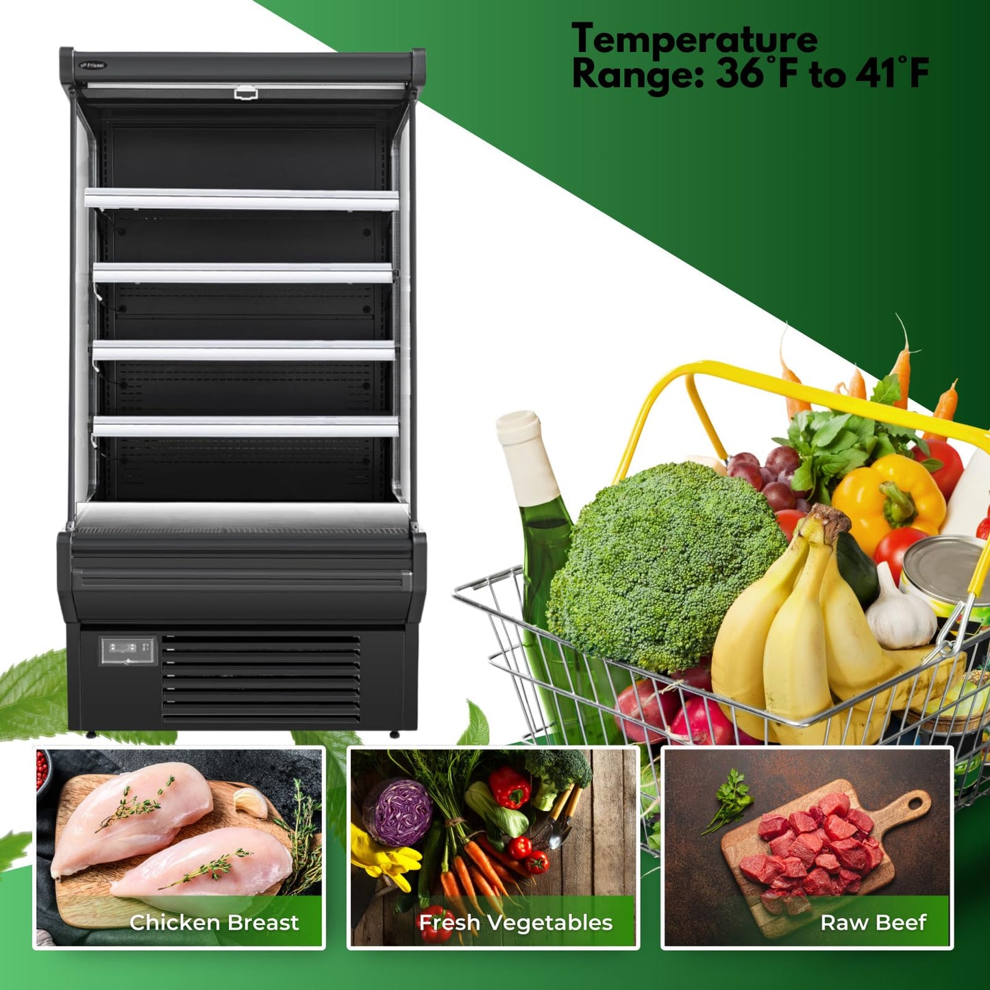 FRICOOL 52" Display Refrigerators Open Air Food Refrigerated Display Case for Commercial Bakery Pastry Refrigerated Upright Display Cooler Case for Stores, Supermarkets, Bar, Shops, 36~41℉, Black