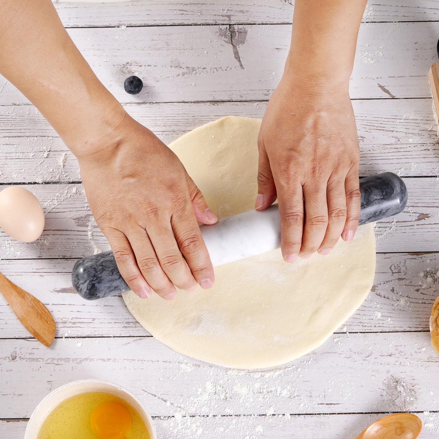 Tianman French Marble Rolling Pin.12 Inchs Marble Rolling Pin for Baking With Wooden Base Holder Stand-Non-Stick Baking Roller for Baking Fondant, Pizza,Cookies,Crust,Pasta(Black-White-Blakc)