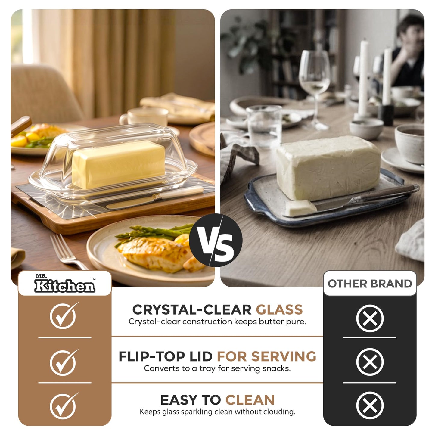 Kangaroo Decorative Clear Glass Butter Dish with Lid for Countertop & Refrigerator - Crystal Covered Butter Tray Storage Container Holder for Counter & Fridge - Best Thanksgiving Butter Dish with Lid