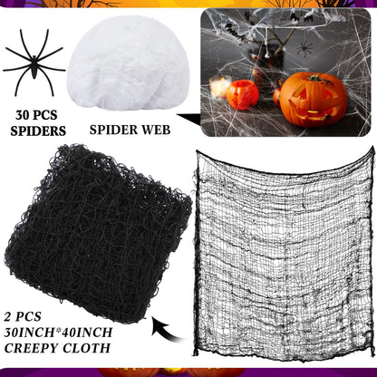 Jenaai 85 Pcs Witch Hat Kit Halloween Decorations Including 16 Hats 36 Bat 30 Fake Spiders 2 Creepy Cloth 60g Spiderweb