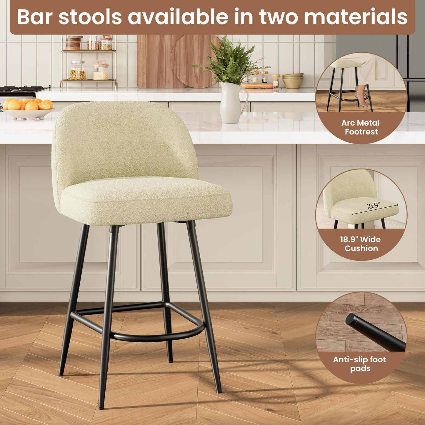 IDEALHOUSE Counter Height Bar Stools Set of 4, 26" Modern Upholstered Barstools with Backs and Metal Legs, Faux Sherpa High Chairs with Arc Metal Footrest for Kitchen Island, Beige