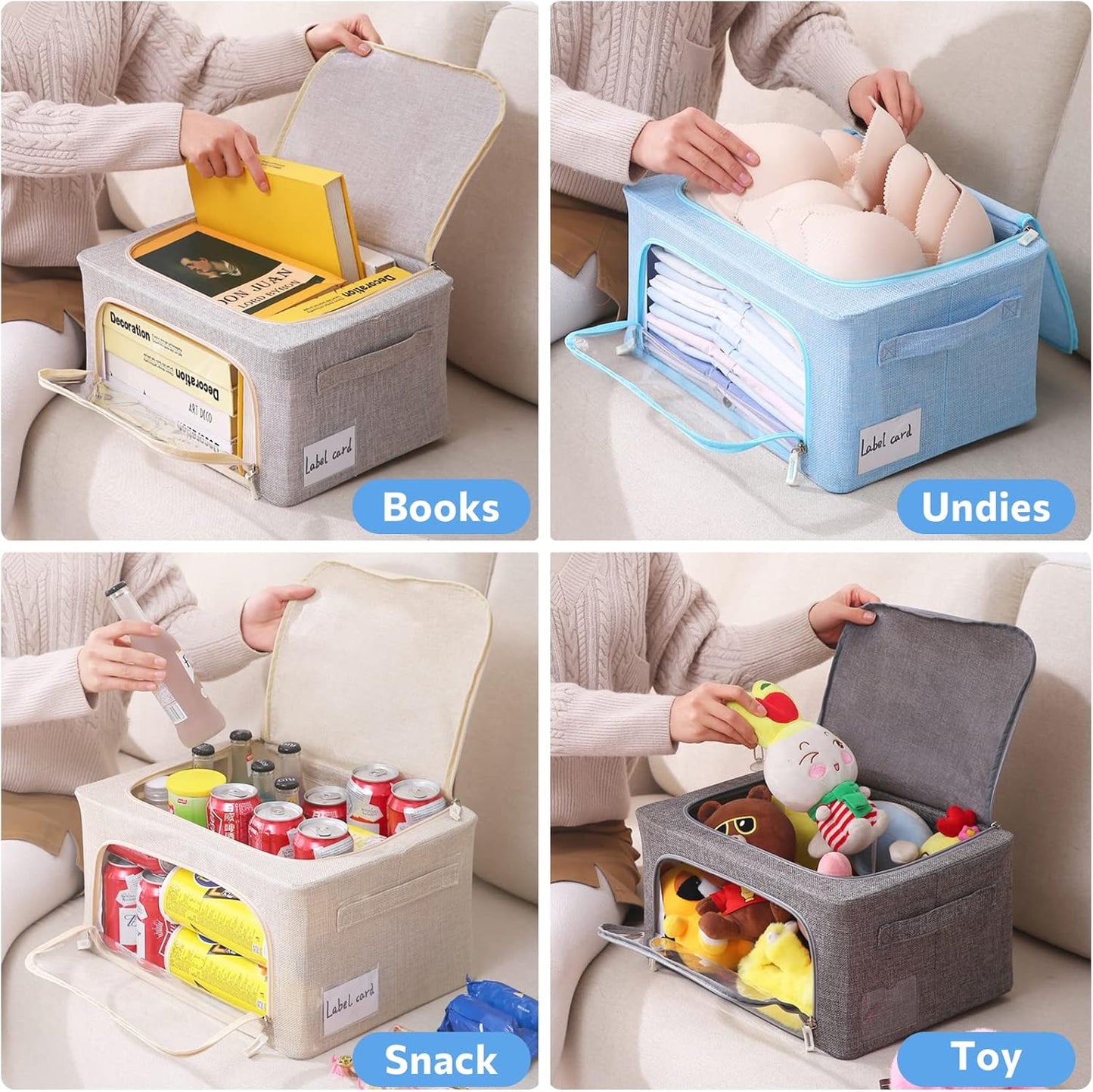 Clothes Storage Bins Box - Foldable Stackable Linen Fabric Organizer Set with Clear Window & Carry Handles - 2 Pack for