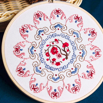 Whaline 4 Mandala Embroidery Starter Kit with Instruction Plum Blossom Chrysanthemum Orchid Lotus Needlepoint Cross Stitch Kit with Embroidery Hoop Threads Needle Scissors for Beginners DIY Craft