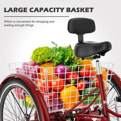 EOYOBIKE Adult Tricycle 3-Wheel Cruiser Bike, Low Step-Through, Heavy-Duty Comfort Trike with Adjustable Handlebar & Spring Saddle, Large Rear Basket, for Seniors & Adults (Merlot Velvet, 26" Tire)