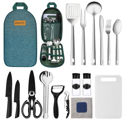 Camping Cooking Utensils Set- Camping Essentials Cookware Camp Accessories Gear Must Haves Camper Tent Camp Kitchen Rv Gadgets Outdoor Stove Portable Picnic Gifts for Women BBQ Stuff (Green)
