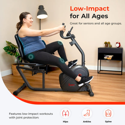 Sunny Health & Fitness Heavy-Duty Recumbent Smart Bike, Wide Cushioned Seat & Back, Cycling Workout Machine, Bicycle Exercise for Adult/Seniors at home, Free SunnyFit App - SF-RB4616SMART