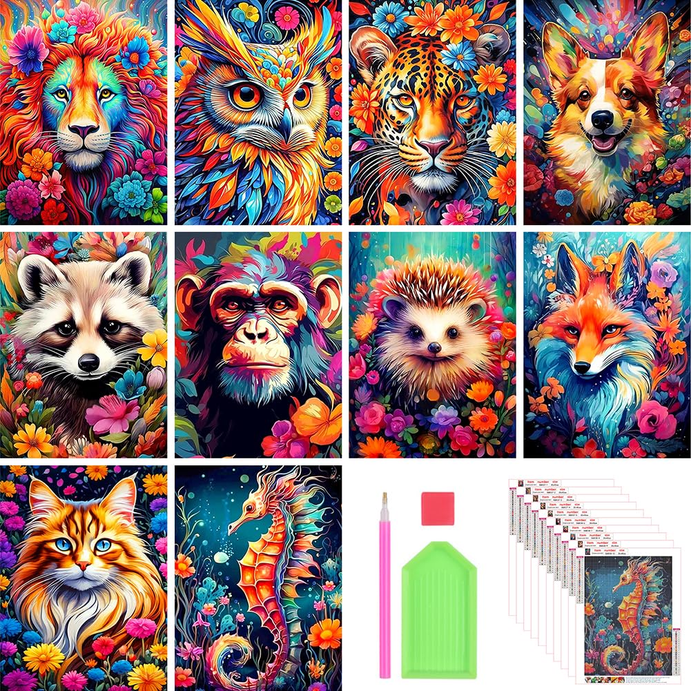 Stalente Diamond Painting Kits for Adults, 10 Pack 5D Diamond Art Kits for Beginners Round Full Drill Diamond Painting for Home Wall Decoration Gift 12×16inch, Animal