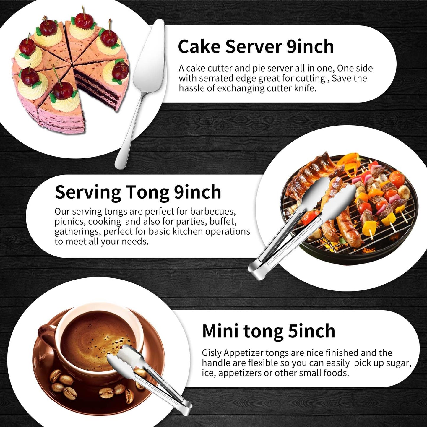 Gisly 12-Piece Serving Set - Large Spoons, Forks, Tongs, Ladle, Cake Server & Appetizer Tongs for Buffet Catering, Dishwasher Safe