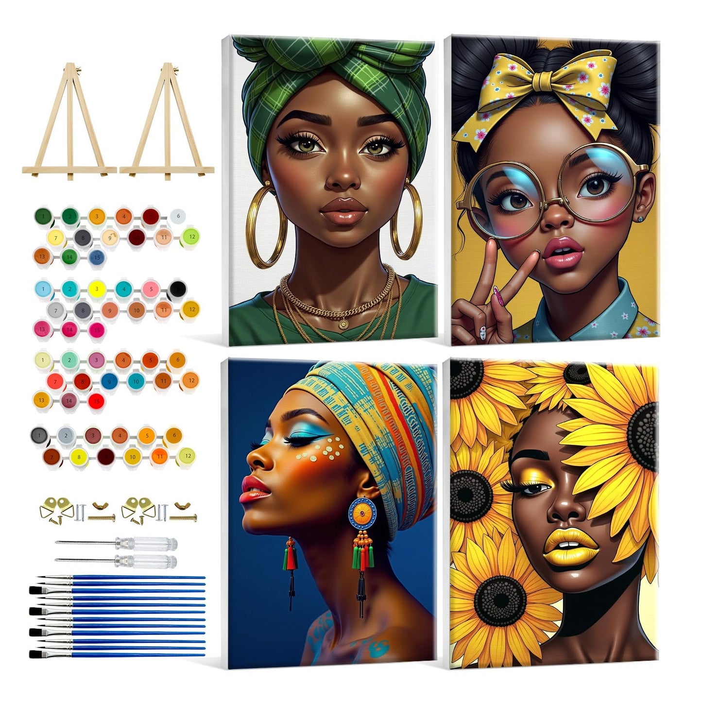 HeeBenor 4 Pack Black Women Paint by Numbers Kit for Adults Framed Canvas, Black Women Paint by Number with Easel, DIY Adult Paint by Number Kits Framed Canvas for Home Decor 8x12 Inch