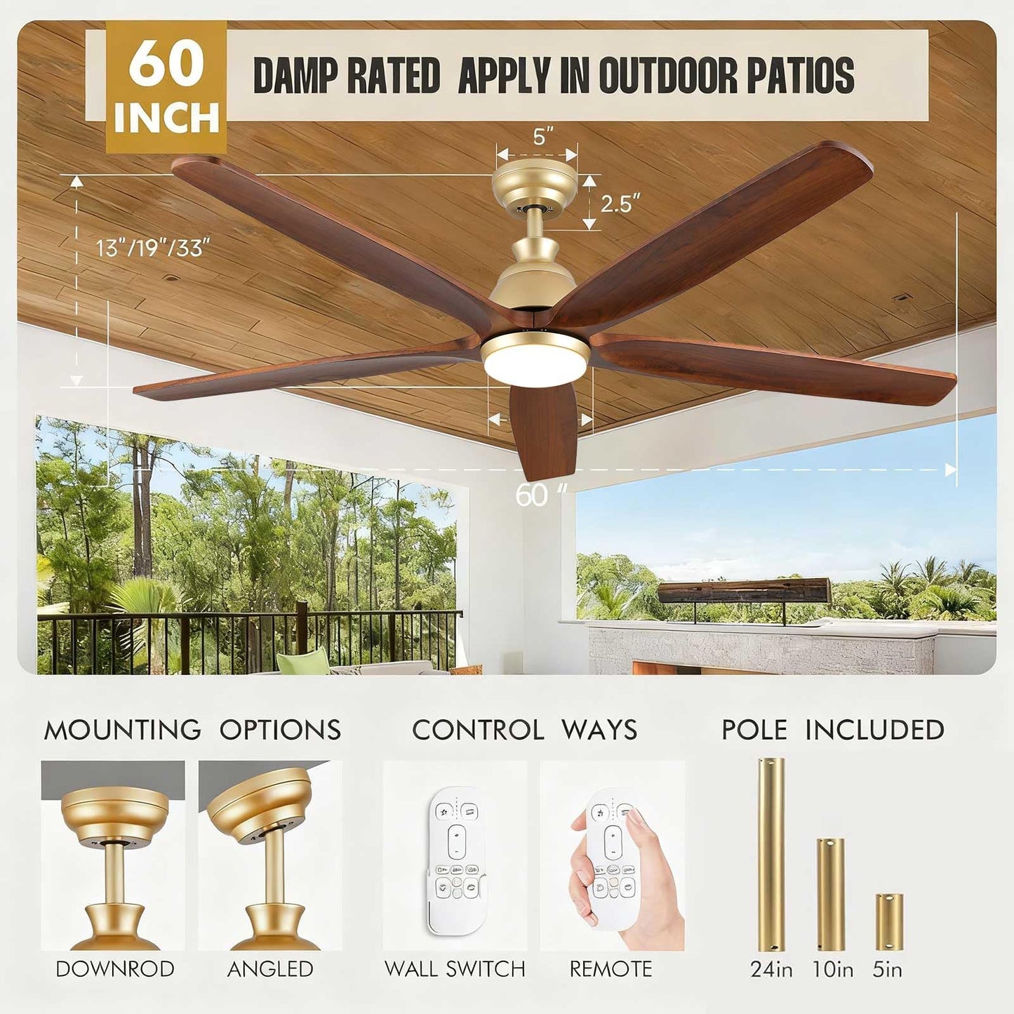 YZEENM 60 Inch Ourdoor Gold Ceiling Fan with Light, 5 Walnut Wood Blade Damp-Rated, Indoor Exterior High CFM Propeller for Patio Farmhouse, 6 Speeds Quiet Reversible DC Motor, for Living Room Porch