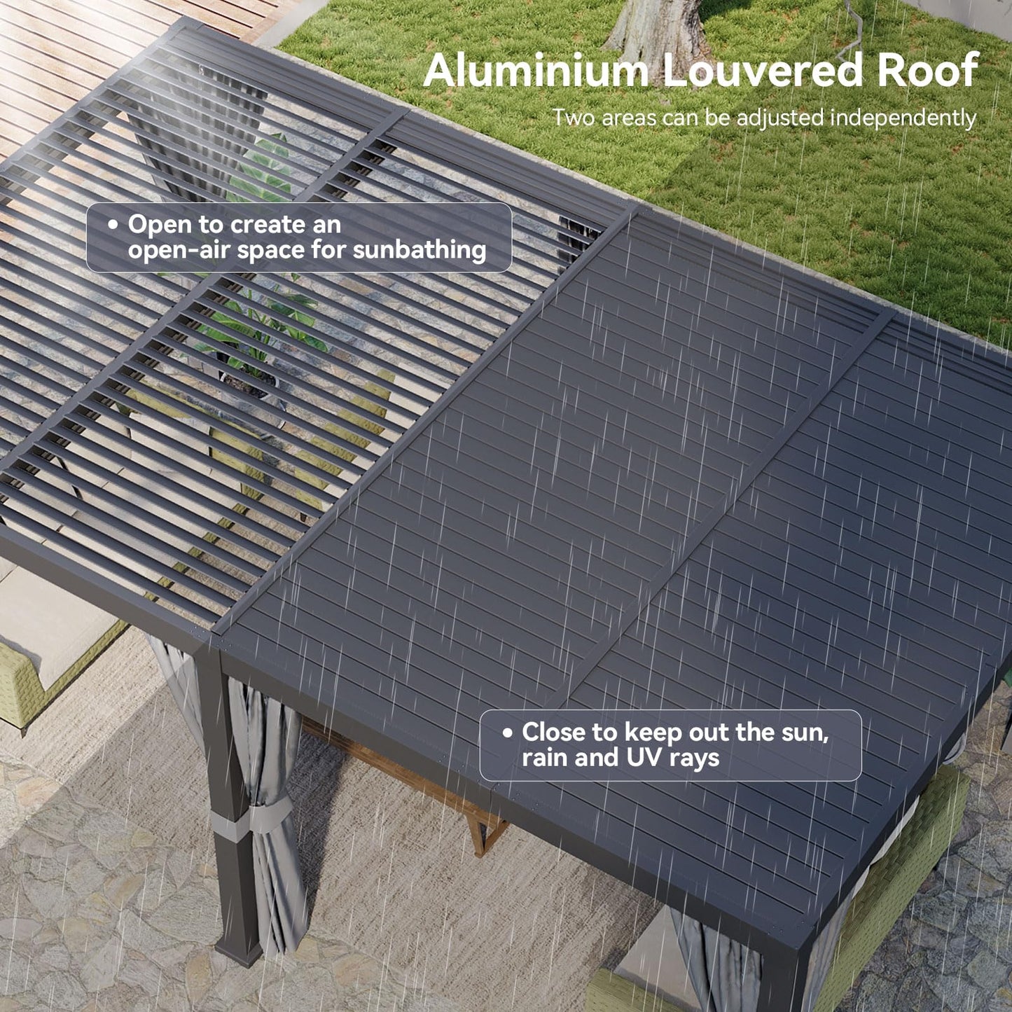 Aoxun Louvered Pergola 12x20 All-Aluminum Outdoor Gazebo with Independent Adjustable Roofs, Waterproof Curtains and Netting, Integrated Drainage System for Patios & Backyard