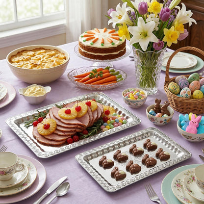 4-Pack Silver Serving Trays Set - ZENOVLUX Swirl Floral Engraved Mirror Decorative Tray, 13.8" x 8.7" Party Platters for Easter, Food, Appetizer, Charcuterie, Cookies, Desserts