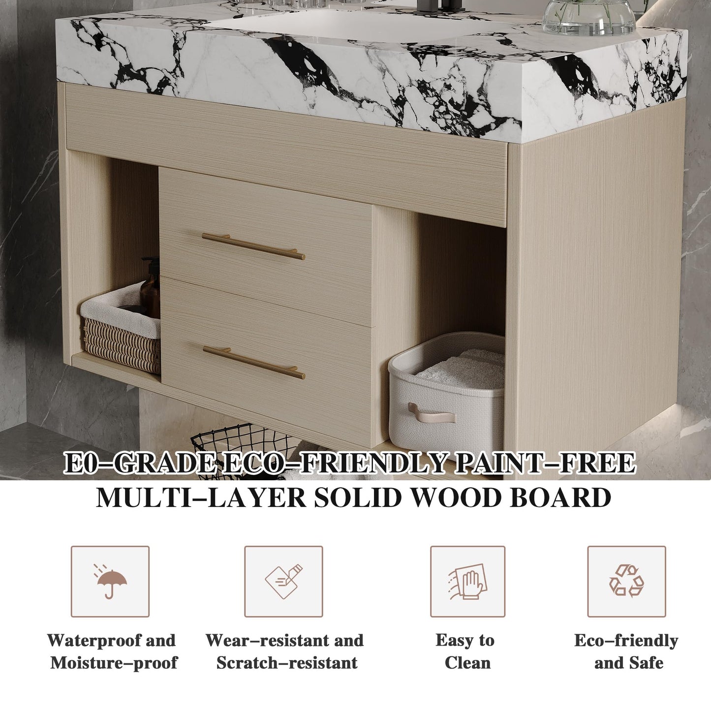 KEIKI 29.9" Bathroom Vanity with Undermount Sink Combo, Modern Floating Vanity Cabinet with 2 Drawers & Open Side Shelves, Storage Wall Mounted Cabinet for Small Space, Apricot‌ Marbe
