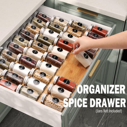DEWVIE Bamboo Spice Drawer Organizer, 4 Tier In Drawer Spices Rack for Cabinet Drawer Expandable From 13" to 26", Stackable Seasoning Storage Organizer Insert