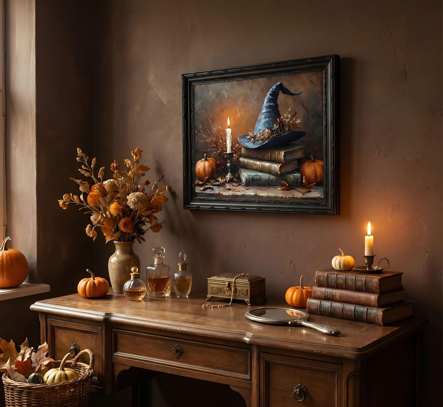Black Framed Halloween Witch Hat With Book Canvas Wall Art 9X11in