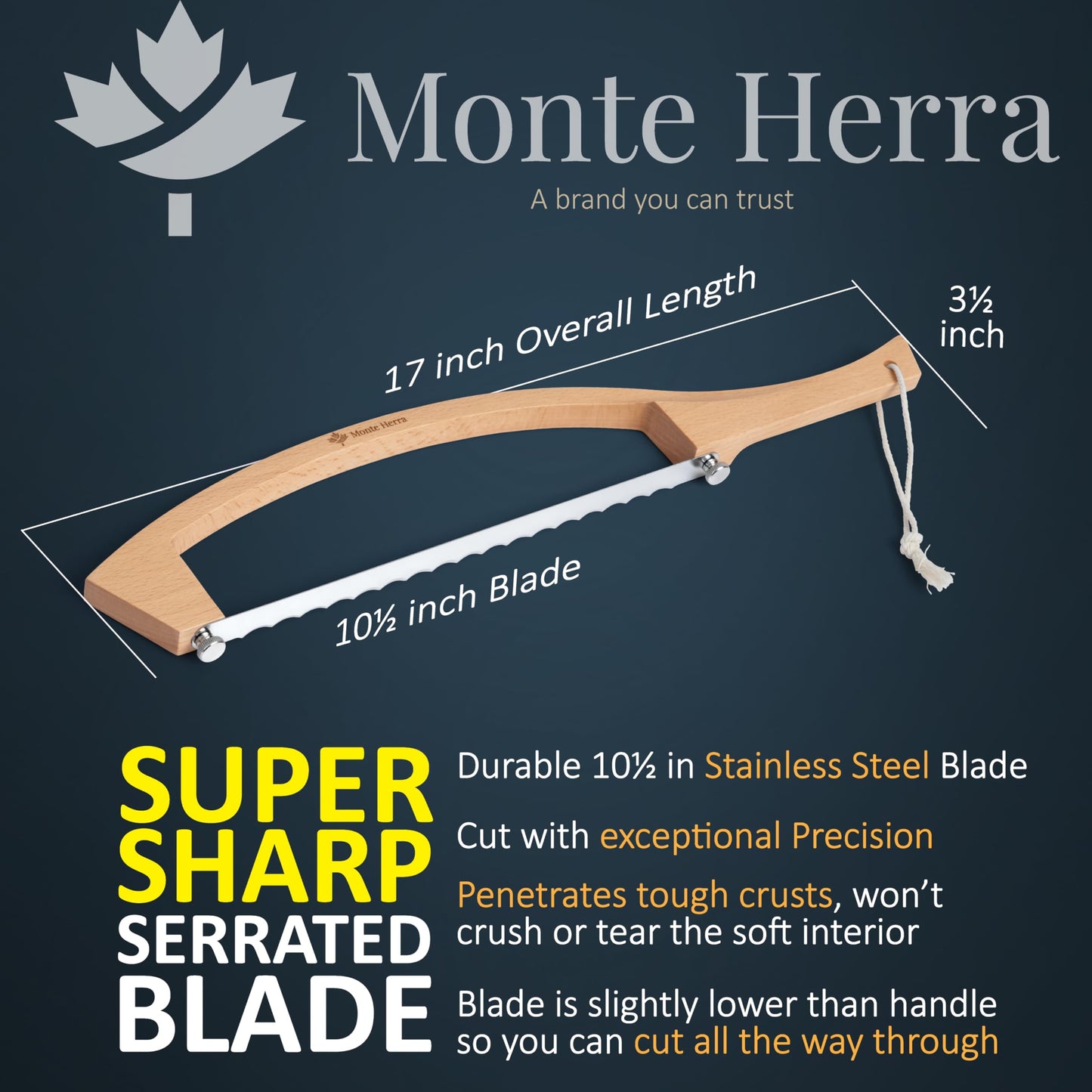 MonteHerra Bread Knife for Homemade Bread - 17-inch Wooden Sourdough Bread Knife - Unique Bow Design - Stainless Steel Serrated Blade - Perfect for Homemade Bread, Baguettes and More