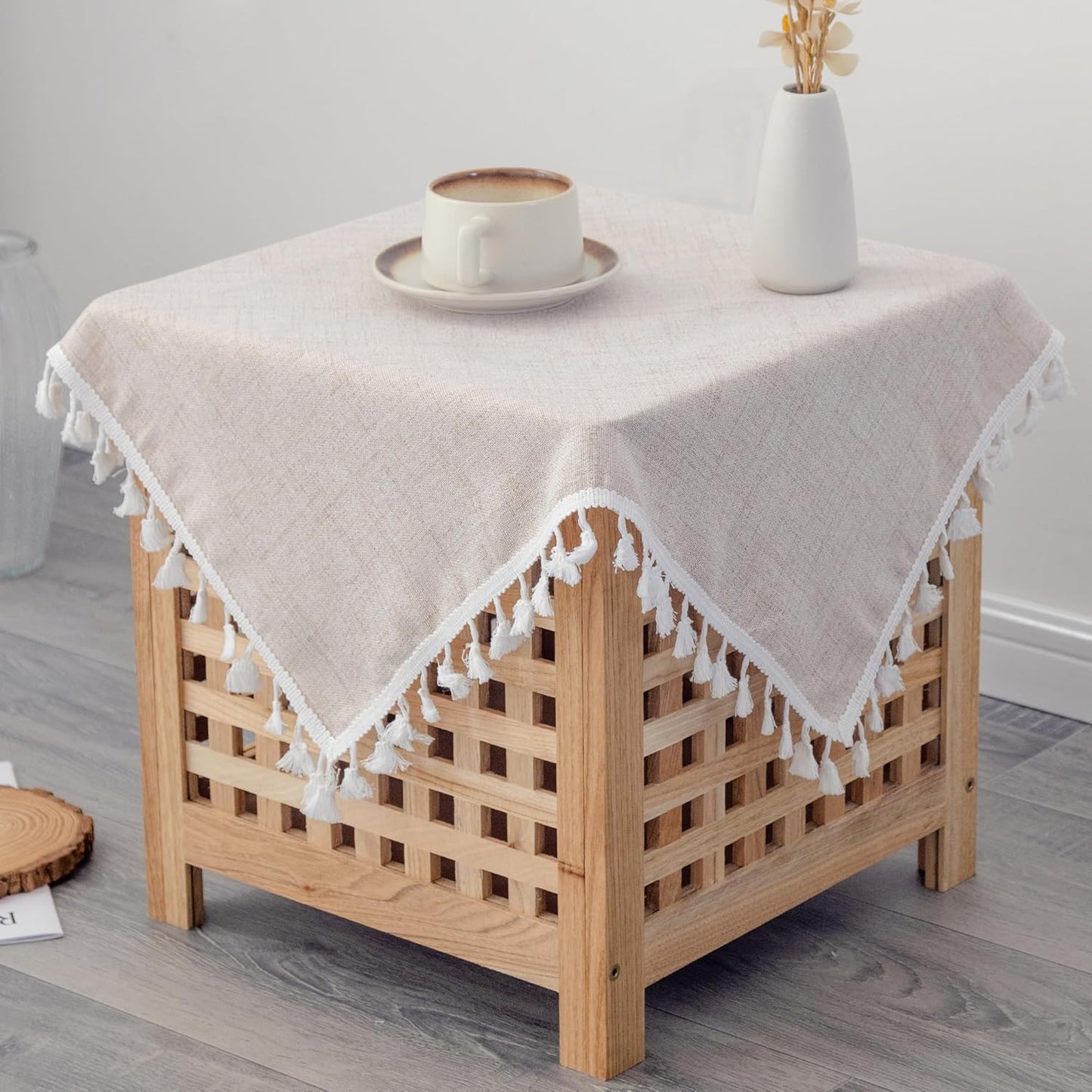 24 24 Inch Linen Small Square Tablecloth x Beige Washable Wrinkle Resistant Table Cover with Tassels Farmhouse