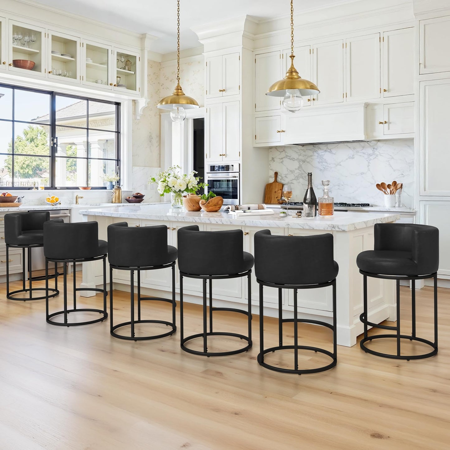 LUE BONA 26.8" Counter Height Bar Stools Set of 3, 180° Swivel Bar Stools, Modern Barrel Counter Stools with Back and Metal Frame, Faux Leather Upholstered Barstools for Kitchen Island, Black