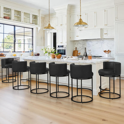 LUE BONA 26.8" Counter Height Bar Stools Set of 3, 180° Swivel Bar Stools, Modern Barrel Counter Stools with Back and Metal Frame, Faux Leather Upholstered Barstools for Kitchen Island, Black