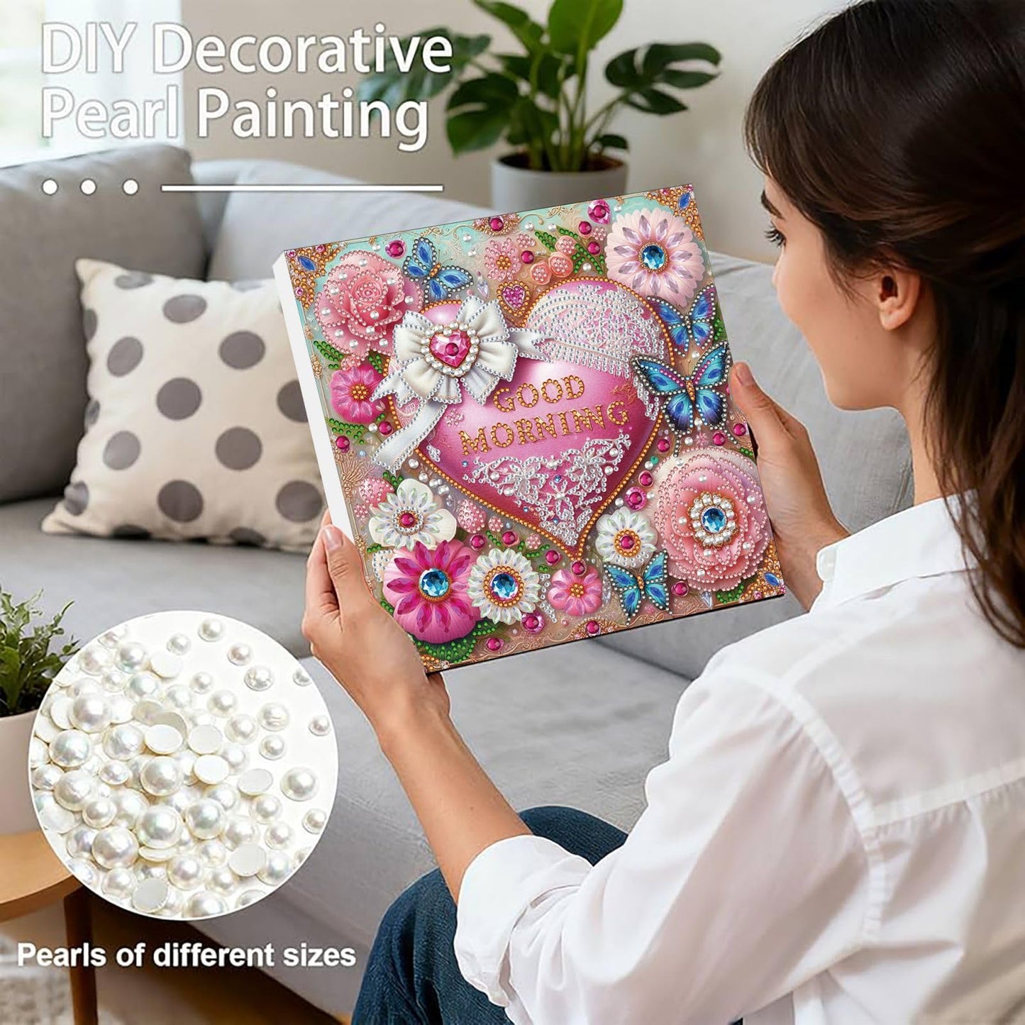 DIYDeligths DIY Diamond Pearl Art Painting with Frame 9.84in Handmade Paste Painting Healing Stress-Relieving Home Wall Decoration No Framing Required (Flowers Heart)