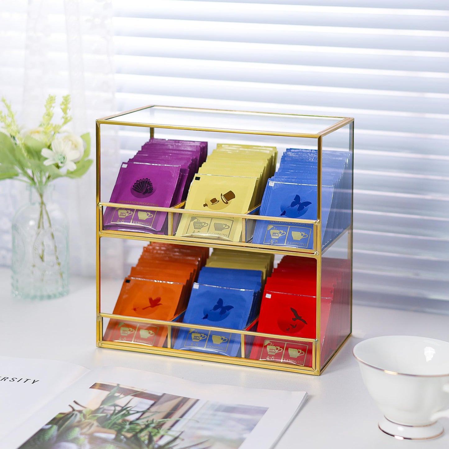 REDHUGO Glass Tea Bag Organizer for Counter, 2-Tier Teabag Organizer Storage Holder for Tea Bags, Glass Caddy Box Containers, Rack Teabag Station Stand for Cabinet Kitchen, 2-Tier, Gold