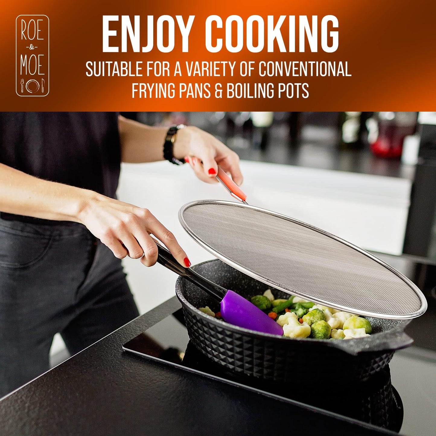 Roe & Moe Splatter Screens - Stainless Steel Splatter Screens for Frying Pan with Insulated Handles - Grease Splatter Guards For Frying Pan that Lets You Create Masterpieces with Ease (Pack of 3)