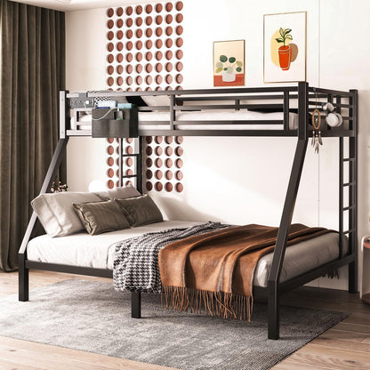 XUWANSHANG Twin XL Over Queen Bunk Bed Frame, Heavy Duty Metal Loft Bed for Adults/Teens, 350/600LB Capacity w/Ladder & Guardrail, Noise-Free Steel Slats, No Box Spring Required, Black