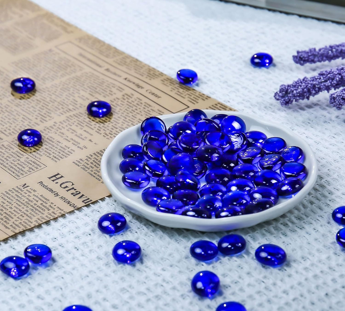 CYS EXCEL Cobalt Blue Glass Gemstone Beads - 1 LB Flat Marble Beads, Aquarium Decor, Approx. 85-100 PCS