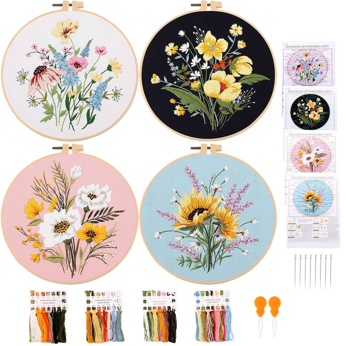 4 Sets Cross Stitch Embroidery Kits for Beginners Adults, Flower Stamped Pre Printed Cross Stitch Kits, Full Range of Embroidery Starter Kit with Instructions, 4PCS Embroidery Hoops, Threads and Tools