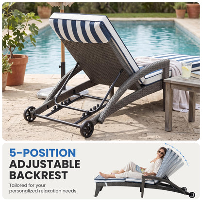 DAYARUS Patio Chaise Lounge Chairs Set of 2, Outdoor Recliner with Washable & Removable Cushions, 5-Position Adjustable Backrest, All-Weather Rattan & Metal Pool Lounger with Wheels for Deck, Blue