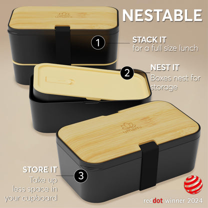 Umami Bento Box All-in-1 w/ 4 Utensils, 100% Leakproof, Dishwasher & Microwave Safe Lunch Containers for Adults w/ 4 Compartments, Black & Tan, 50 oz