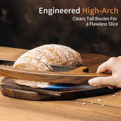 Sourdough Bread Slicer & Bow Knife Set - High Arch Bread Cutter for Homemade Bread - Heavy Duty Wooden Cutting Board with Deep Groove for Hard Crusts - Magnetic Design, Unique Sourdough Shape