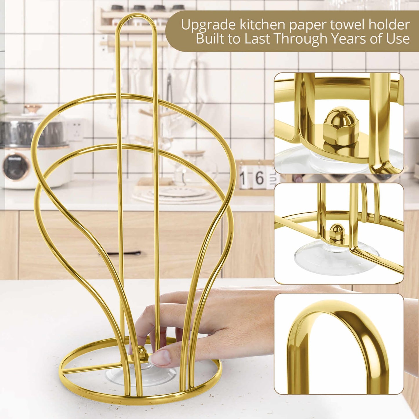 Paper Towel Holder Countertop, Stainless Steel Paper Towel Roll Holder and Paper Napkinholder Set, Standing Paper Towel Roll Holder Stand with Weighted Base Suction Cups (Gold)